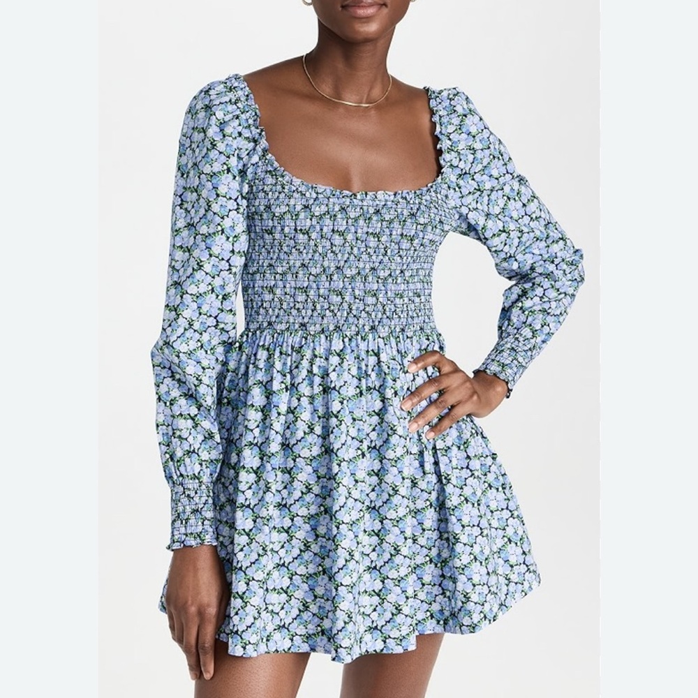 Hill House Blue and White Smocked Sundress with Bishop Sleeves